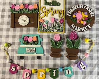 Spring Tiered Tray, Decorative Tray Decor, Spring flowers, Fresh market, Tiered tray, garland