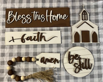 Bless this home tiered tray, church, garland, amen, faith, decorative tray, diy, 3D, decorative tray