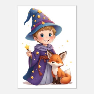 Póster pequeño mago con zorro, arte habitación infantil, mural habitación infantil, decoración infantil, mago, regalos infantiles, habitación niño