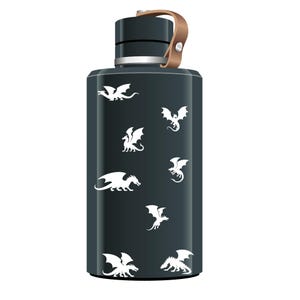 May include: A dark grey cylindrical water bottle featuring a repeating pattern of white dragon silhouettes in various poses. The bottle has a black screw-top lid with a tan leather-like carrying strap attached by a silver metal rivet on the side.