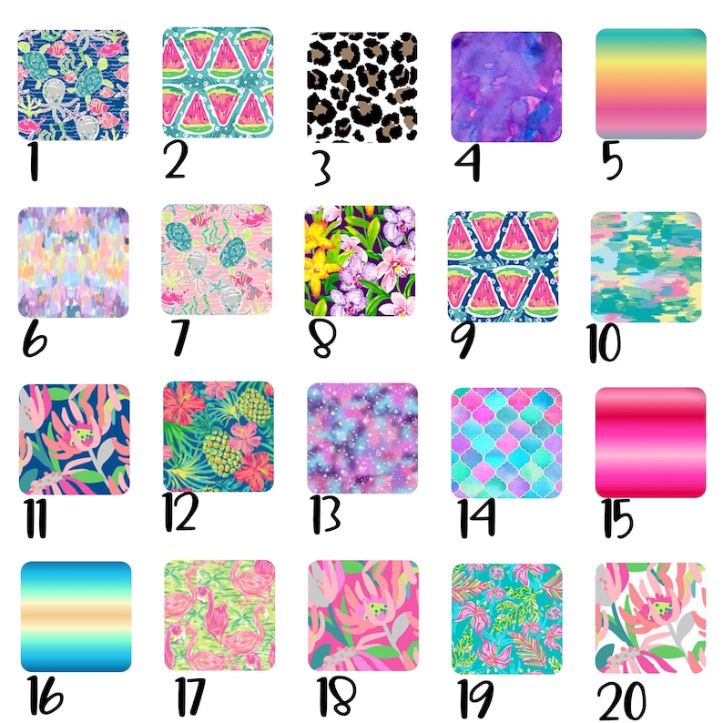 Puede incluir: Una cuadr&iacute;cula de veinte muestras cuadradas con varios patrones y colores, numeradas del 1 al 20. Los dise&ntilde;os incluyen vida marina, rodajas de sand&iacute;a, estampado de leopardo, acuarelas, arreglos florales, pi&ntilde;as, galaxias y degradados.