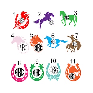 May include: Eleven different horse-themed designs with the letters "ABC" in a circle. The designs include a horse jumping, a horse running, a horse with a rider, and a horseshoe.