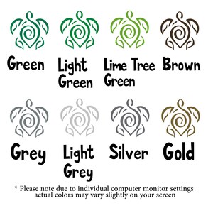Puede incluir: Una tabla de colores con ocho iconos de tortugas estilizadas con caparazones en espiral y aletas en forma de hoja. Los colores mostrados son verde, verde claro, verde lima, marr&oacute;n, gris, gris claro, plata y oro, cada uno con su nombre.