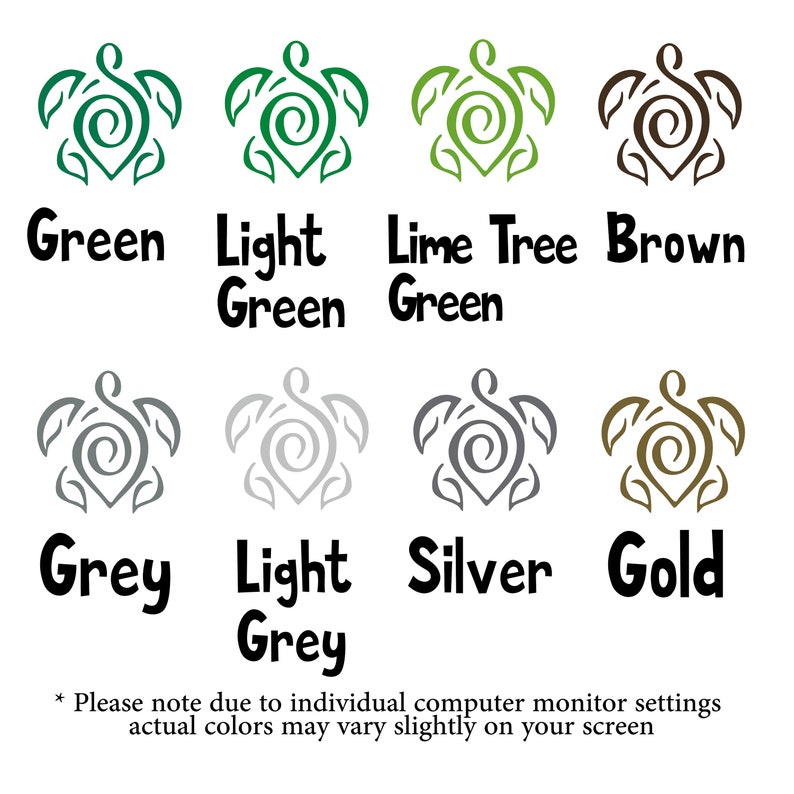 Puede incluir: Una tabla de colores con ocho iconos de tortugas estilizadas con caparazones en espiral y aletas en forma de hoja. Los colores mostrados son verde, verde claro, verde lima, marr&oacute;n, gris, gris claro, plata y oro, cada uno con su nombre.