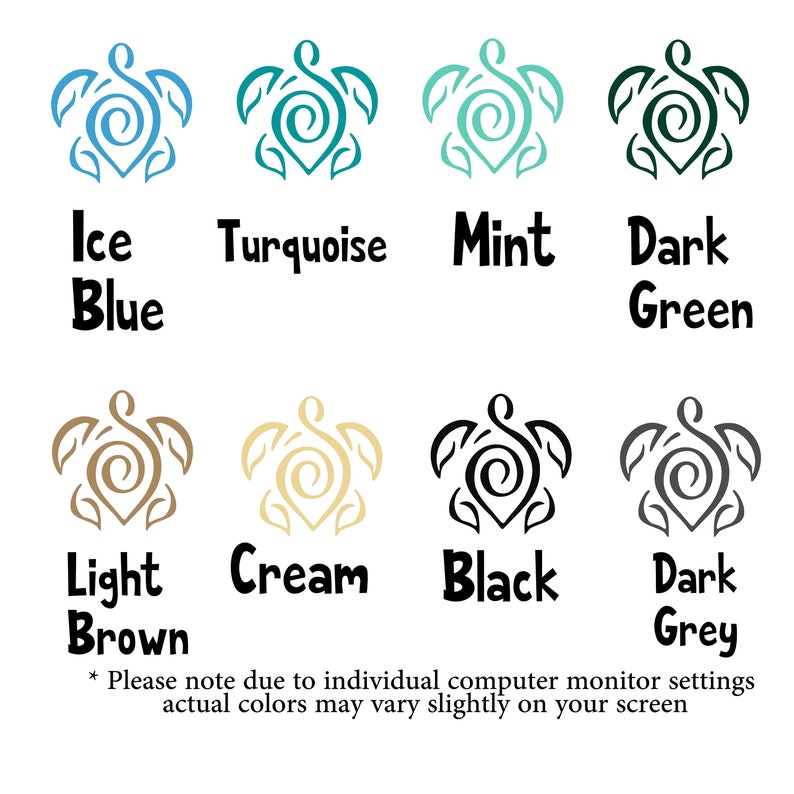 Puede incluir: Una tabla de colores con ocho iconos de tortugas estilizadas con caparazones en espiral y aletas en forma de hoja. Los colores est&aacute;n etiquetados como Ice Blue, Turquoise, Mint, Dark Green, Light Brown, Cream, Black y Dark Grey. Un texto al pie indica variaciones.