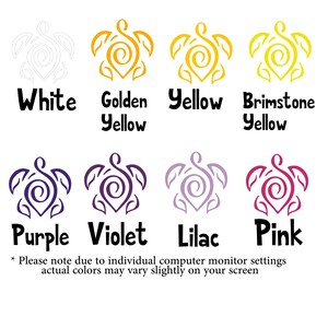 Puede incluir: Una tabla de colores con ocho iconos de tortugas estilizadas en blanco, amarillo dorado, amarillo, amarillo azufre, morado, violeta, lila y rosa. Cada icono tiene su nombre de color escrito en negro debajo del gr&aacute;fico.