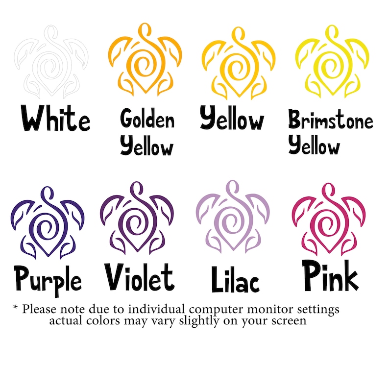 Puede incluir: Una tabla de colores con ocho iconos de tortugas estilizadas en blanco, amarillo dorado, amarillo, amarillo azufre, morado, violeta, lila y rosa. Cada icono tiene su nombre de color escrito en negro debajo del gr&aacute;fico.