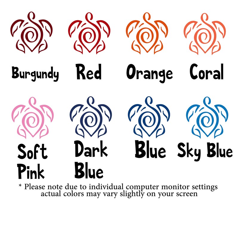 Puede incluir: Una tabla de colores con ocho iconos de tortugas estilizadas en burdeos, rojo, naranja, coral, rosa suave, azul oscuro, azul y azul cielo. Cada icono incluye el nombre del color impreso debajo, adem&aacute;s de un aviso sobre la configuraci&oacute;n del monitor.