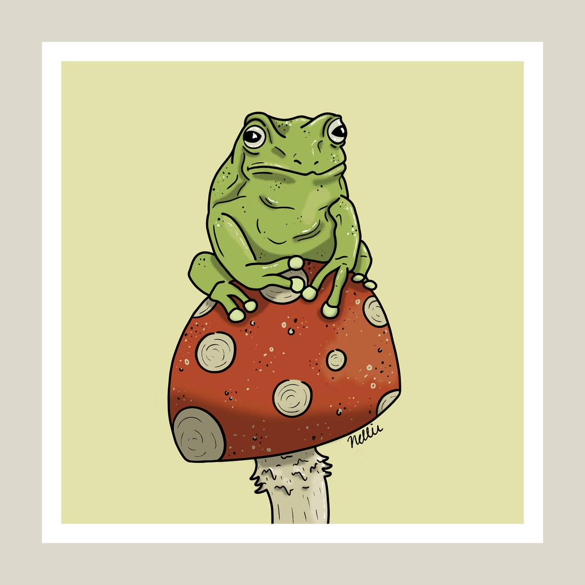 Frog on Mushroom Drawing Archival Matte Wall Art Print | Etsy