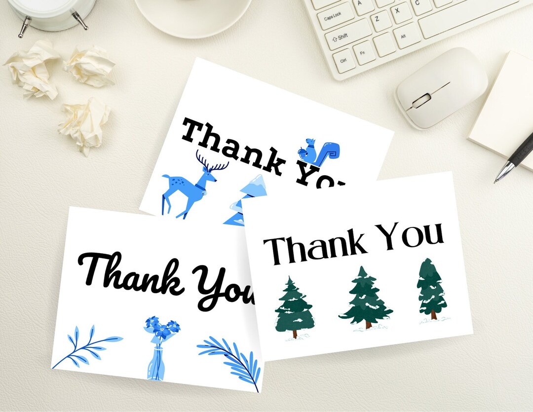 Winter Thank You Cards Printable, Winter Tree Card, Winter Animal Card
