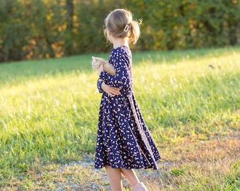 Modest Handmade Dress Girl/Toddler/Baby- Navy Dot Rib- Autumn- Winter