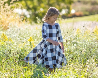 Modest Handmade Dress Girl/Toddler/Baby- Black & White Buffalo Plaid- Autumn- Winter