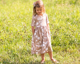 Modest Handmade Dress Girl/Toddler/Baby- Taupe Floral- Autumn- Winter