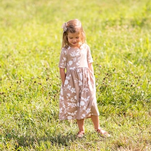 Modest Handmade Dress Girl/Toddler/Baby- Taupe Floral- Autumn- Winter