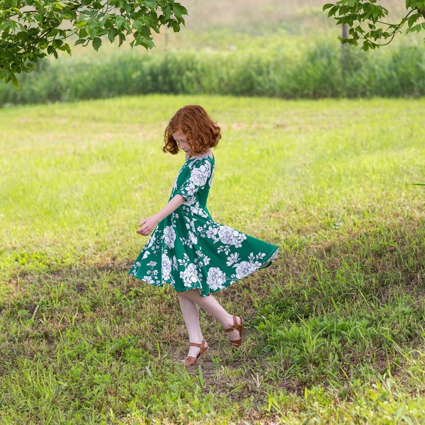 Modest Handmade Dress Girl/Toddler/Baby- Bright Green & Ivory Floral- Autumn- Winter