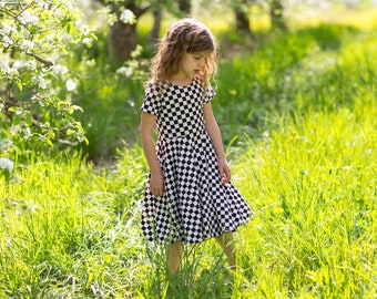 Modest Handmade Dress Girl/Toddler/Baby- Black & Ivory Checker- Summer- Autumn