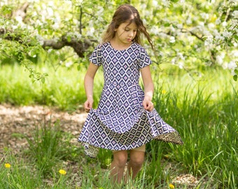 Modest Handmade Dress Girl/Toddler/Baby- Beige Navy Geometric - Spring- Summer