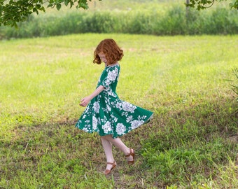 Modest Handmade Dress Girl/Toddler/Baby- Bright Green & Ivory Floral- Autumn- Winter