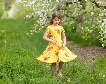Modest Handmade Dress Girl/Toddler/Baby- Mustard Burgundy Floral- Summer- Autumn