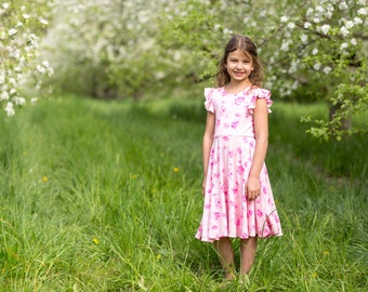 Modest Handmade Dress Girl/Toddler/Baby- Pink Floral Rib- Summer- Autumn