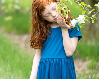 Modest Handmade Dress Girl/Toddler/Baby- Teal Blue Solid- Summer- Autumn