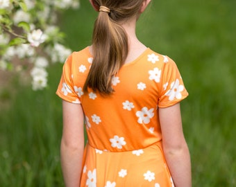 Modest Handmade Dress Girl/Toddler/Baby- Orange Ivory Floral- Summer- Autumn