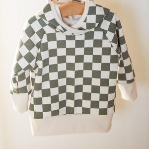 Baby Sweatshirt- Hoodie- 100% Organic Cotton French Terry/Rib Knit- Green Checks
