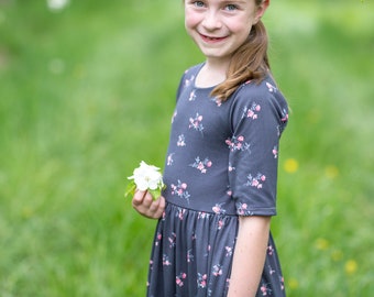 Modest Handmade Dress Girl/Toddler/Baby- Charcoal Grey Mini Floral- Summer- Autumn