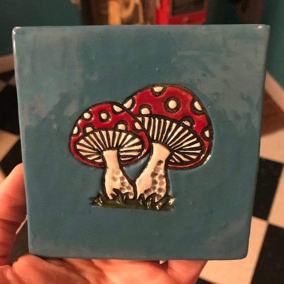 Handmade 2 Toadstool / Mushrooms 4x4 Ceramic Tile. Fly Agaric or