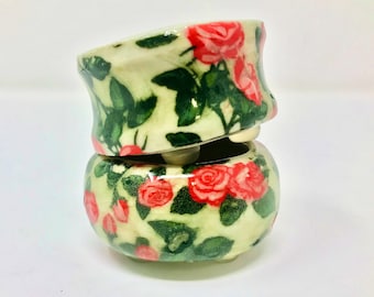 2 Handmade Porcelain Ceramic Planters w/ Red Roses. Great for Houseplants, Cactus, Succulent, Bonsai, ect. Can be used indoors or outdoors