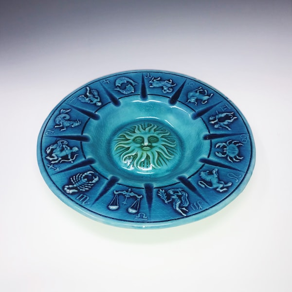 Handmade Zodiac Horoscope Ashtray with Astrology Signs / Sun. Hand Painted. Suitable for outdoor temps. 10" x 10". Porcelain Clay.