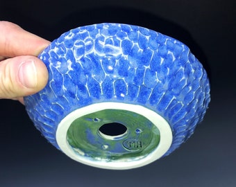 Handmade Carved Blue Glazed Ceramic Bonsai Pot / Houseplant Planter, (Great for Bonsai, Houseplants, Cactus Garden, Succulents, ect.)