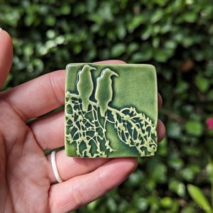 2"x2" Green Handmade Ceramic "Two Birds" Tile for Backsplash in Kitchen, Bathroom, ect. Handpainted. Free shipping for orders over 35.00!