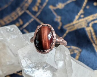 Red tigers eye ring size 7 electroformed copper jewelry boho hippie goth crystals