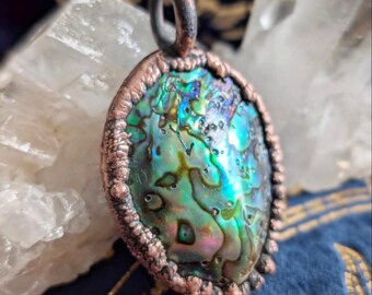 Abalone necklace pendant electroformed copper jewelry boho hippie crystals