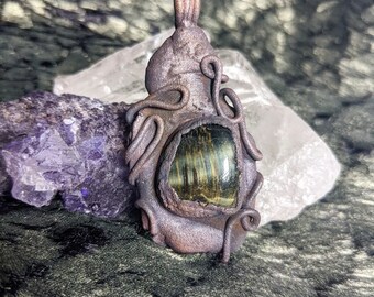 Handmade copper hawks eye blue tigers eye necklace pendant