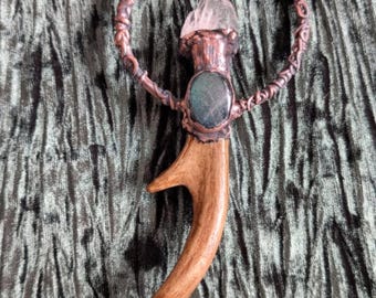 deer antler and labradorite and clear quartz crystal electroformed jewelry