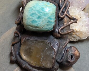 amazonite and smoky quartz crystal necklace pendant electroformed copper jewelry