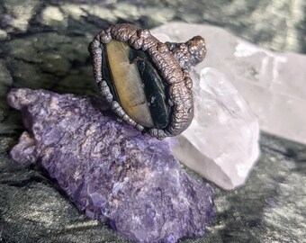 Handmade Copper Blue Tiger's Eye Ring, Size 5 1/2