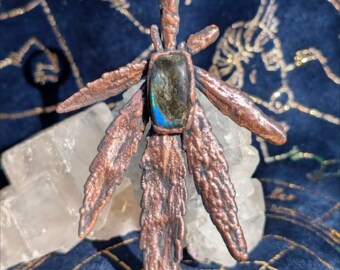 cannabis leaf with labradorite crystal necklace pendant electroformed copper jewelry