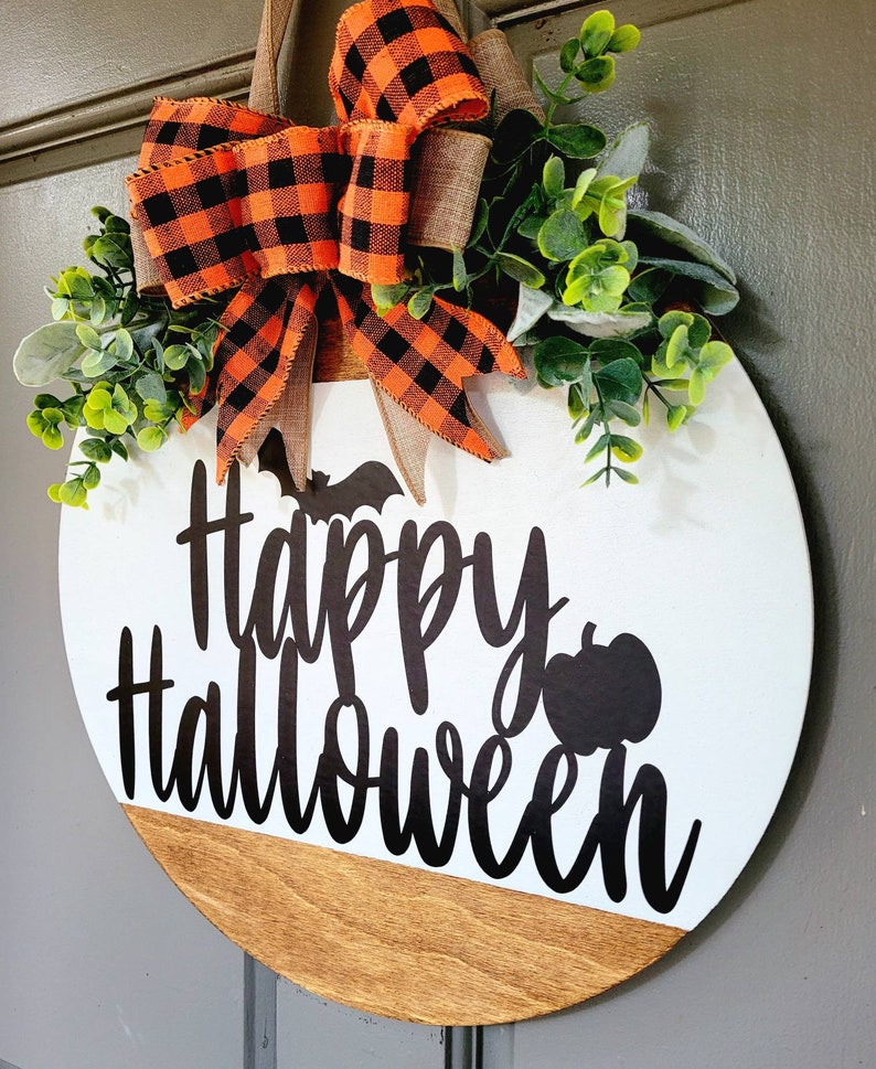 Happy Halloween Door Hanger Bat and Pumpkin Front Door Etsy