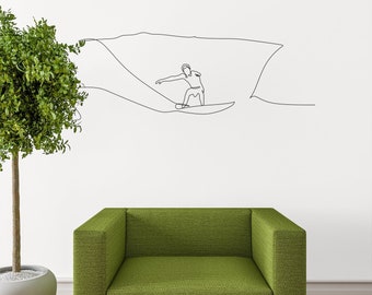 Surfing Wall Art - Dorm Surf Art - Minimalist Surf Art - Surfer Wall Decal - College Wall Art - Man Surfing Wave Beach Wall Decals