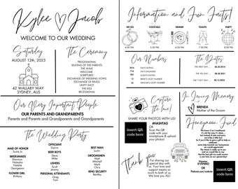 May include: A wedding program with elegant calligraphy. The program includes the couple's names, wedding date, ceremony details, wedding party, and fun facts. It also features a section for sharing photos with a hashtag.