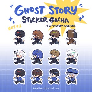 Puede incluir: Una colección de doce pegatinas de estilo chibi titulada Ghost Story Sticker Gacha Set #1 + 2 Mystery Designs. Las pegatinas muestran varias figuras con trajes oscuros, chaquetas y uniformes, incluyendo una con una televisión por cabeza.