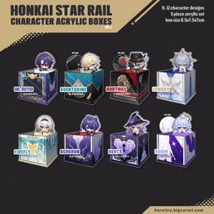 May include: Acrylic boxes featuring characters from Honkai Star Rail. Each box has a unique design and character, including Dr. Ratio, Aventurine, Boothill, and Sunday. The boxes are approximately 3.3 x 2.9 x 2.7 inches in size and are part of a 5-piece acrylic set.