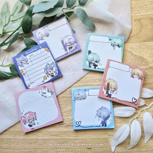 May include: A collection of colorful sticky notes with anime-style character illustrations. Each square-shaped note features a different design, including characters with various hairstyles and outfits. Some notes have lined or grid patterns, and one has a receipt layout.