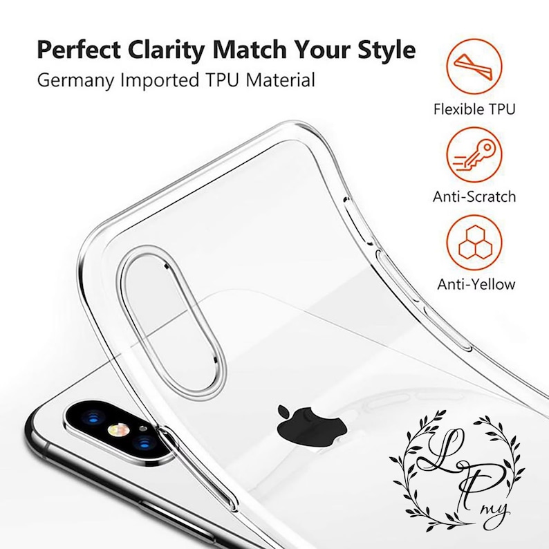 May include: A clear phone case made of TPU material. The case is flexible, anti-scratch, and anti-yellow. The case is shown on a white phone with a black Apple logo.