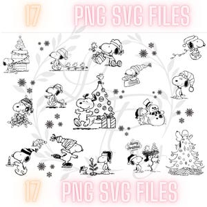 May include: A collection of 17 black and white PNG and SVG files featuring Snoopy and Woodstock in various Christmas scenes. Snoopy is shown decorating a tree, ice skating, and with a snowman. The words "PNG SVG FILES" are displayed in pink.