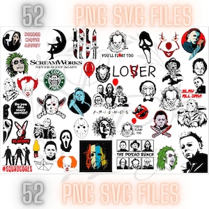 Puede incluir: Una colección de 52 archivos PNG y SVG con gráficos temáticos de películas de terror. Incluye imágenes de personajes icónicos, frases como "You'll Float Too" y logotipos. Los diseños son en negro, blanco, rojo y naranja.