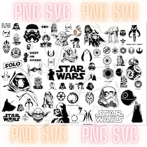 Puede incluir: Una hoja de diseño digital en blanco y negro con varios personajes, símbolos y citas de Star Wars. La hoja incluye personajes como Darth Vader, Yoda, Boba Fett y R2-D2, así como símbolos icónicos como la Estrella de la Muerte y el logotipo de la Alianza Rebelde. La hoja también incluye citas como "Hazlo, o no lo hagas, no hay intento" y "Bebé a bordo".